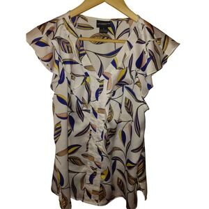 Liz Claiborne Career Women Small White Tropical Leaf Ruffle V-Neck Blouse Top